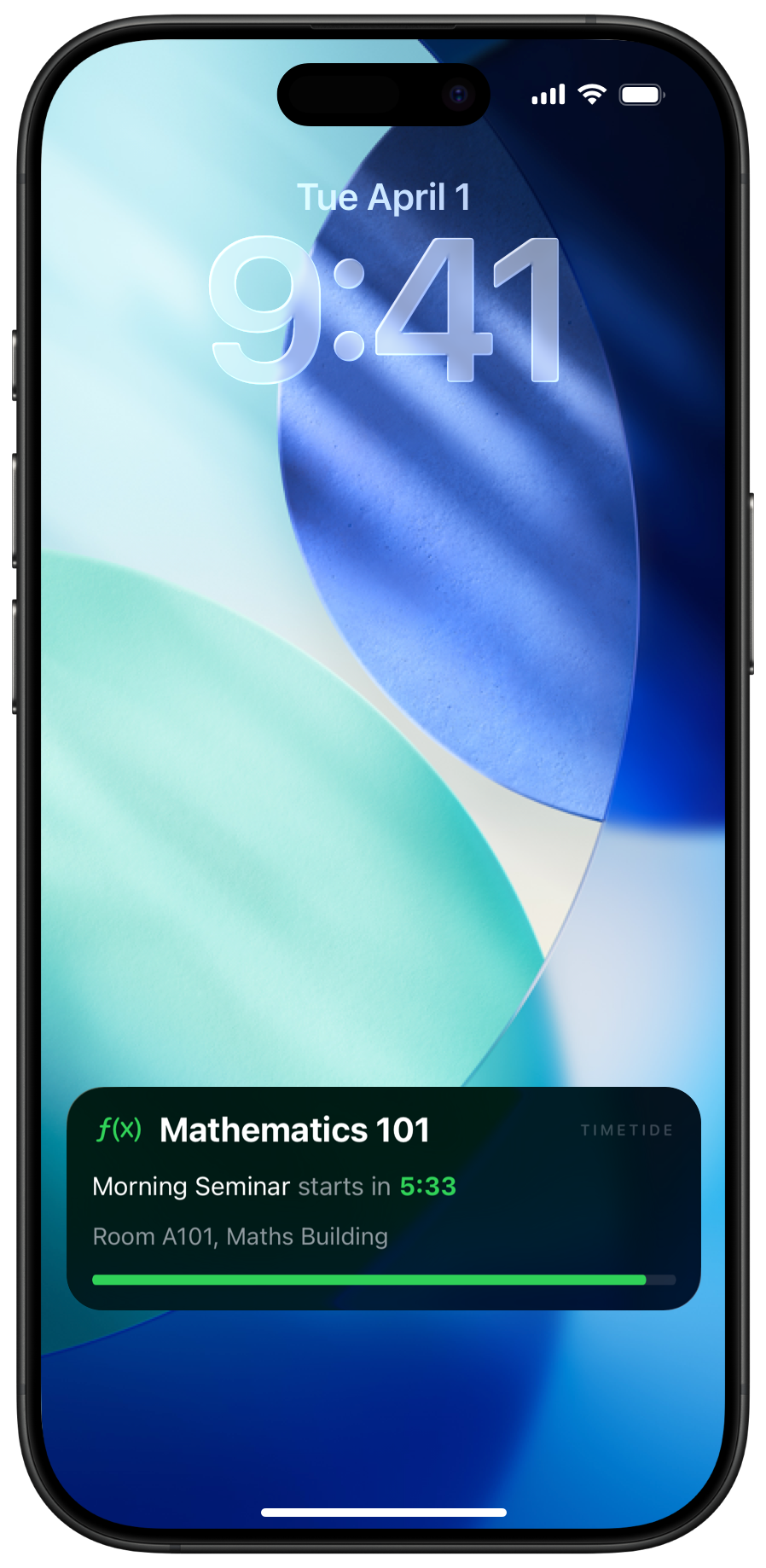 Timetide lock screen notification showing Mathematics 101 starting in 4:30