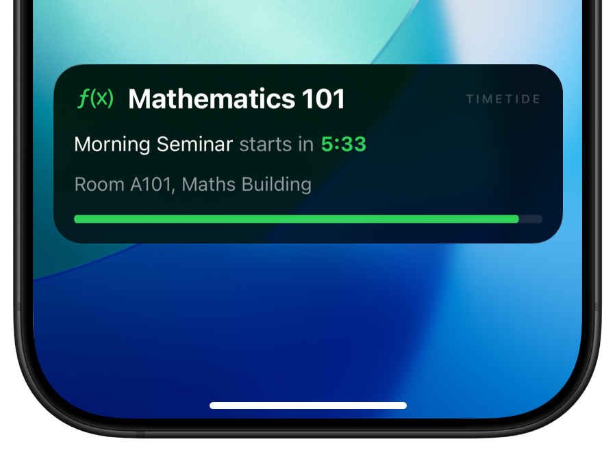 Timetide Live Activity on lock screen showing Mathematics 101